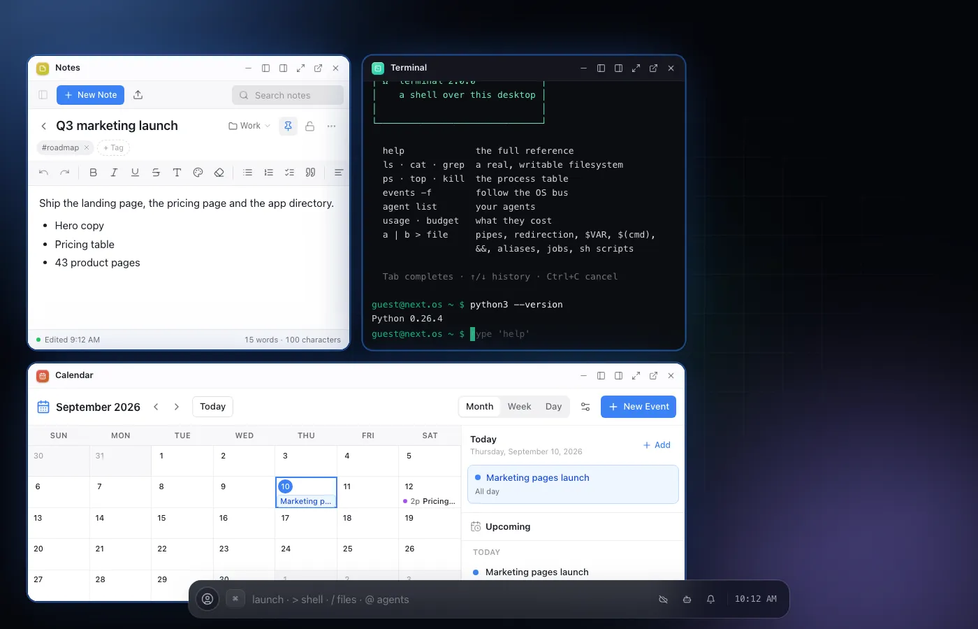 NextOS: the Field shell with several apps open at once