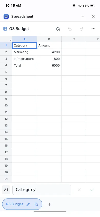 Spreadsheet on phone